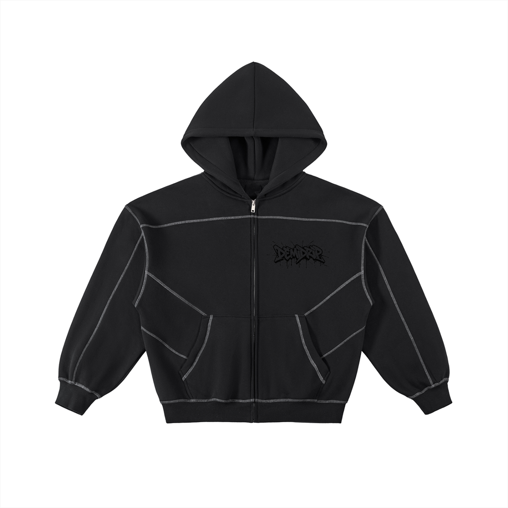 Contrast-Stitched Boxy Fleece Zip Hoodie - Premium Streetwear | DEMI DRIP