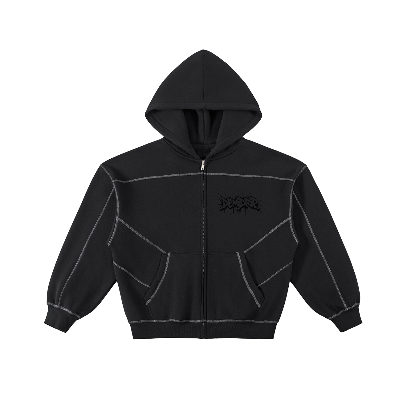 Contrast-Stitched Boxy Fleece Zip Hoodie - Premium Streetwear | DEMI DRIP